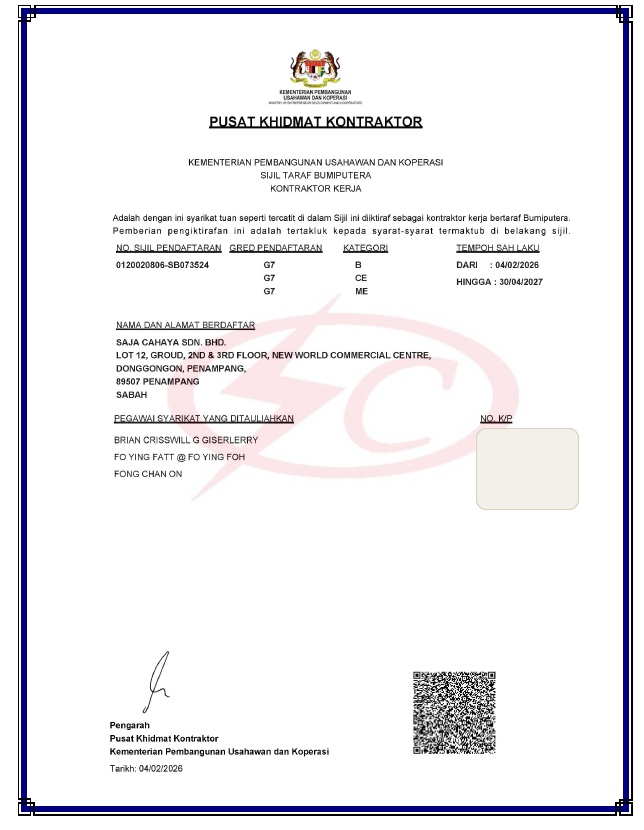 Bumiputera contractor status certificate with identification details redacted