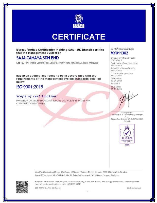 ISO 9001 2015 Bureau Veritas UKAS certificate