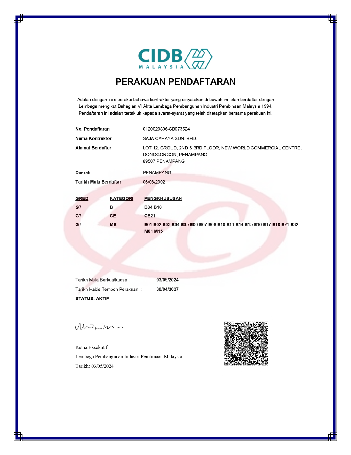 CIDB contractor registration certificate