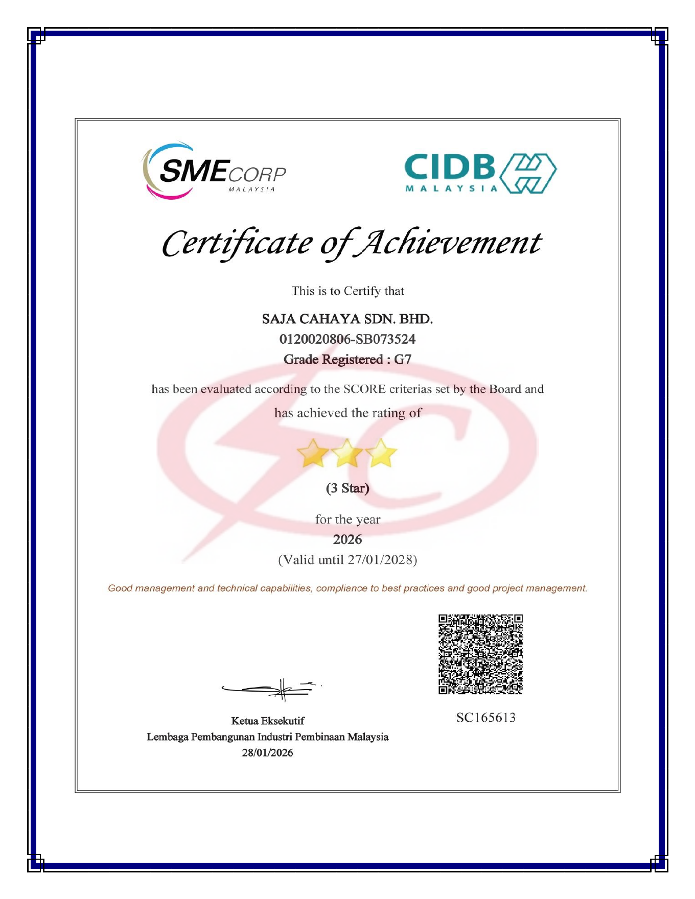 CIDB SCORE 3-Star certificate 2026