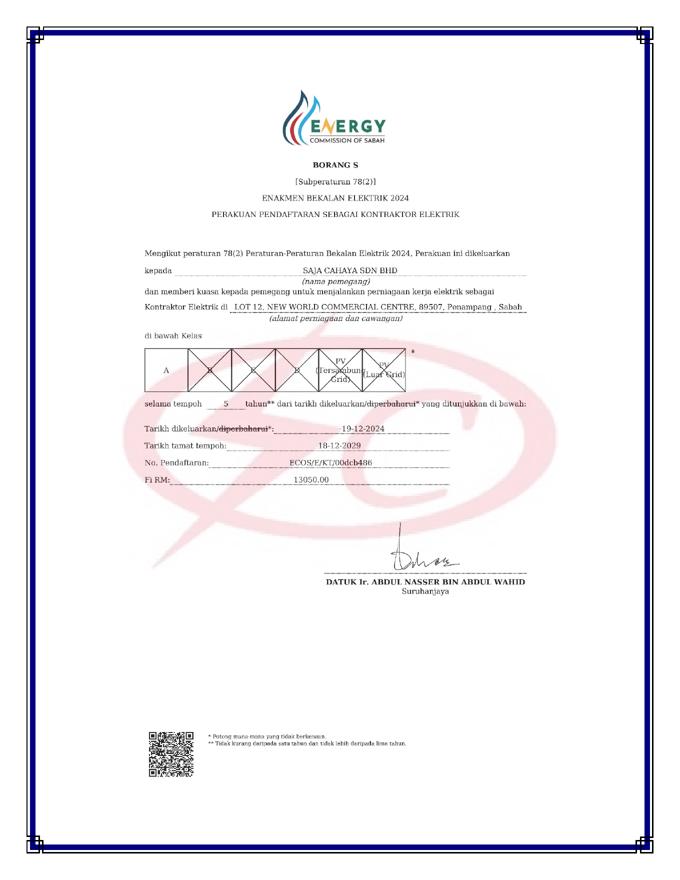 Energy Commission of Sabah Class A electrical contractor certificate